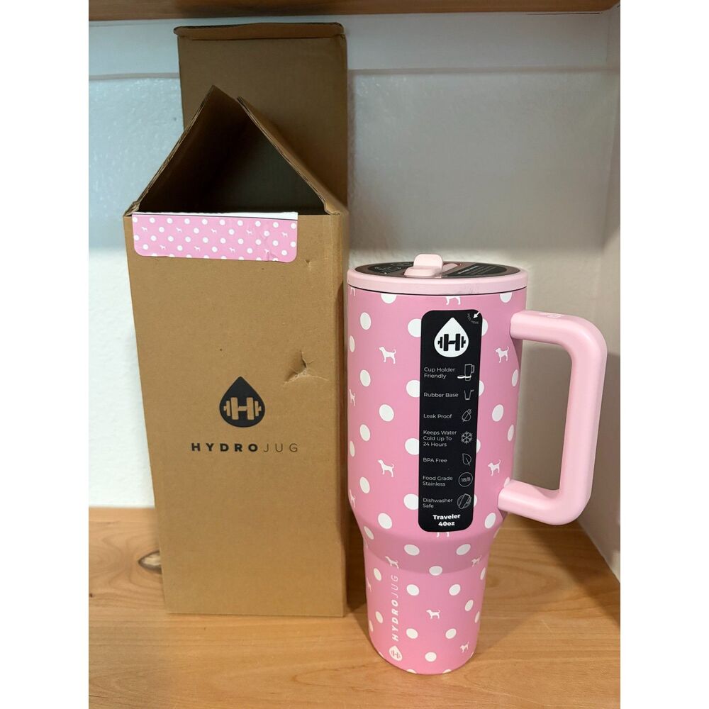 PINK x HydroJug Traveler Pink Polka Dot Dog Stainless Steel Tumbler 40 Oz NIB